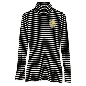 Express Black White Striped Turtleneck Top Long Sleeve Crest Logo Size S